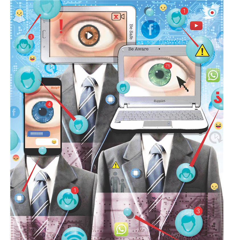 Social Media Fear and Anxiety Collage illustration of School Children using Social Media Platforms