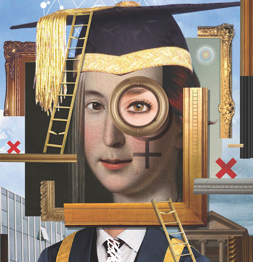 Collage Montage Illustration of woman trying to climb the career ladder to become a University Vice-Chancellor in further education.