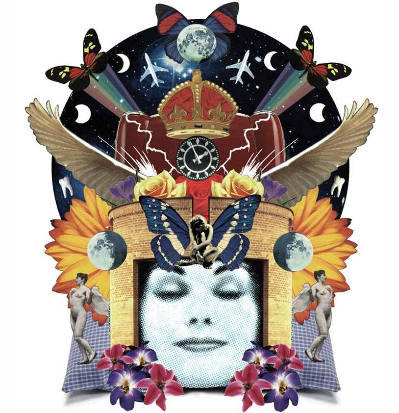 Collage Illustration of a sleeping head with montage of dream like images, what dreams mean.