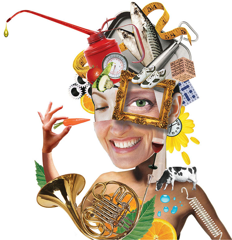 Collage illustration of a healthy woman, physically and mentally with montage elements of food, exercise, diet, hobbies and mental puzzles.