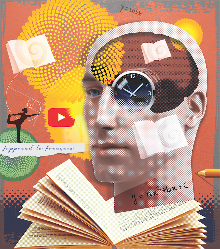 Paul Bateman Collage Illustration of personal educational growth and learning, abstract conceptual montage with head, books, colourful mathematical flower shapes, sunrise