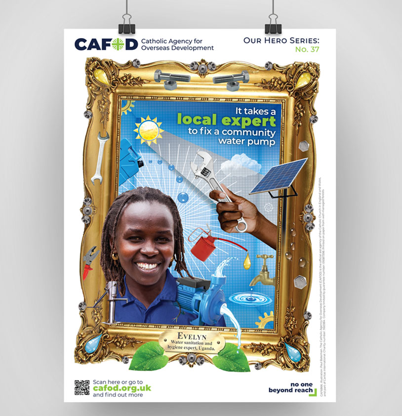 Collage Montage Illustration of a water engineer aid charity worker for CAFOD helping in third world communities in Africa.