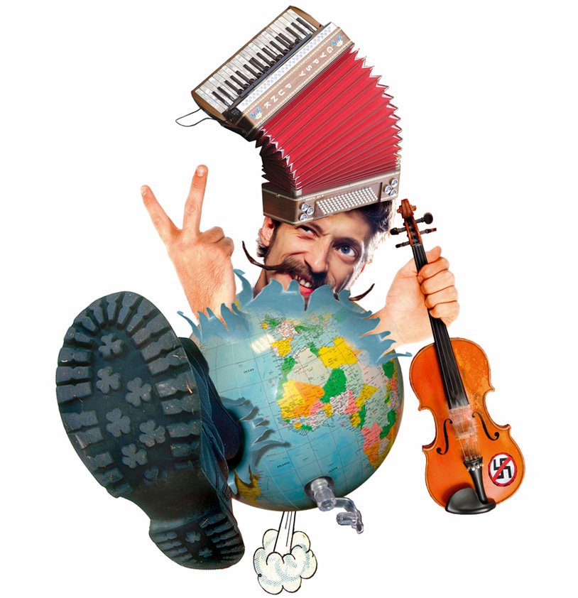 Paul Bateman Collage Montage Caricature Illustration portrait of Eugene Hütz,gypsy punk rock band Gogol Bordello, World Music, Rock Band