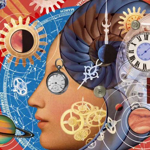 illustration for review of a book on Time, history of time photomontage illustration with clocks